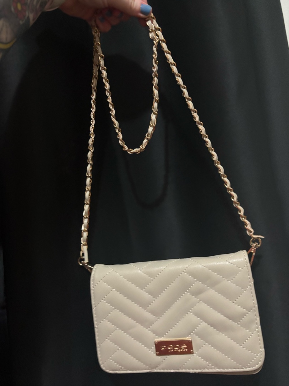 bebe Cream Quilted Crossbody with Gold Chain Strap